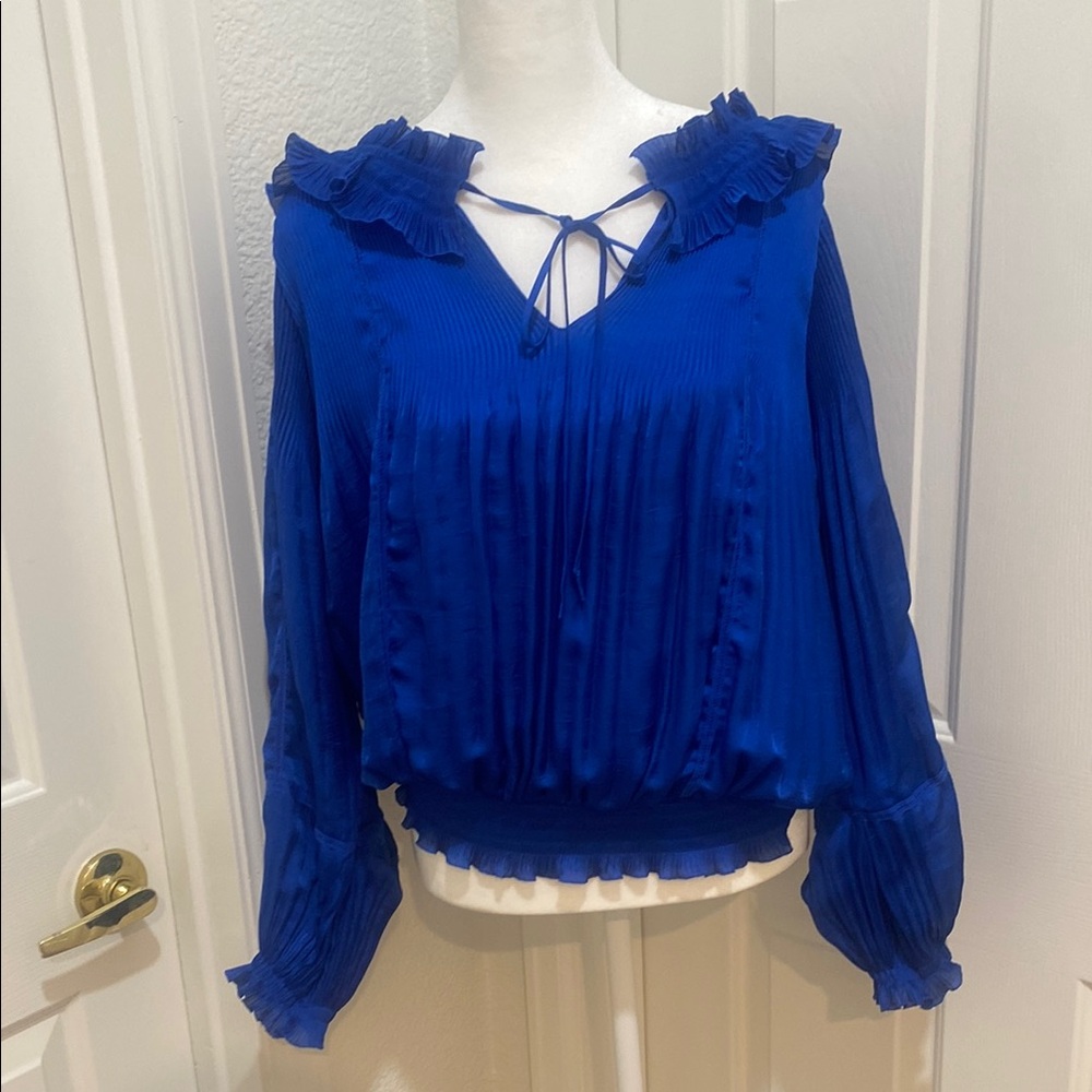 Diane Von Furstenberg Blue Pleated Long Sleeve Blouse